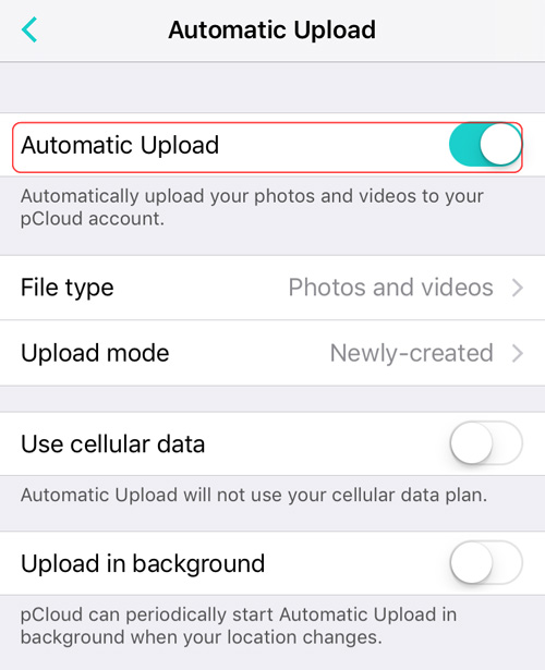 pCloud iOs設定 自動アップロード