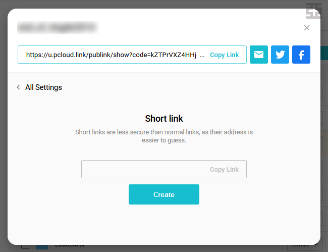 pCloud シェアしたリンクをショートリンクにする設定