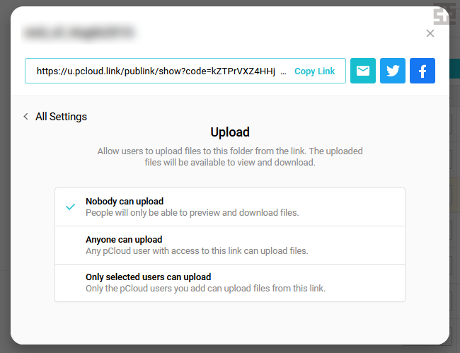 pCloud シェアしたリンクのアップロード公開範囲設定
