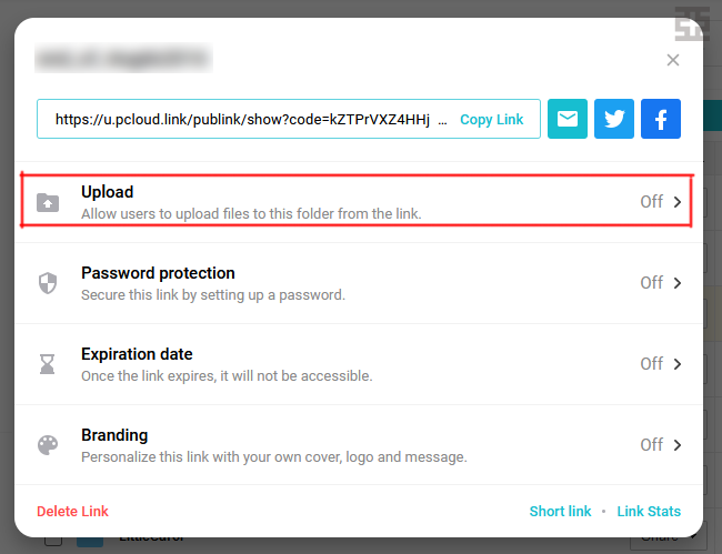 pCloud シェアしたリンクのアップロード設定