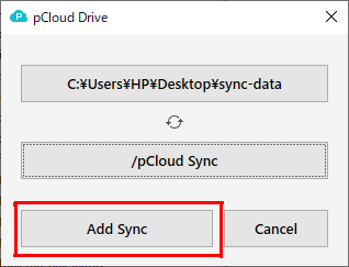 pCloud Sync Add syncボタンクリック